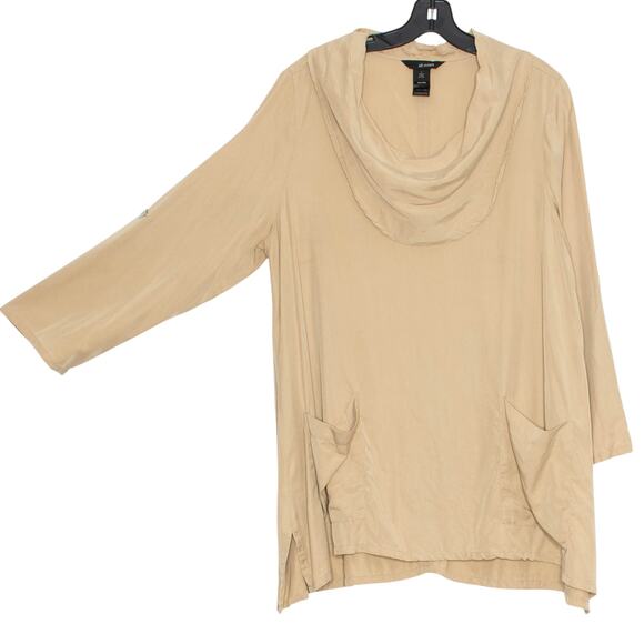 Ali Miles Tunic Top 3/4 Sleeve Cowl Neck Lagenlook Minimalist Neutral Tan Large - Picture 1 of 8